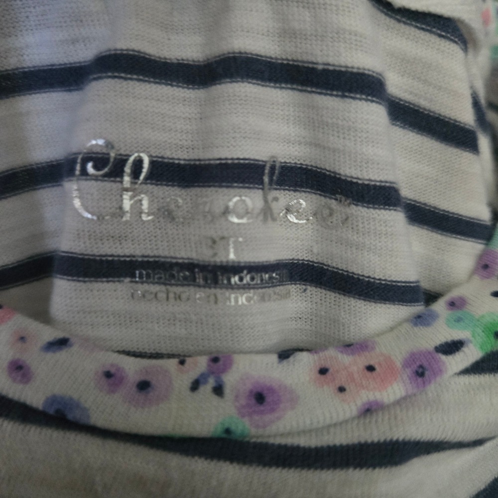 Cherokee Toddler Girls Striped Flutter Sleeve Shirt Floral Pocket Blue White 3T - Picture 3 of 8